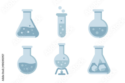 Chemistry laboratory glassware set with flasks, test tubes, bubbling liquid, and ice