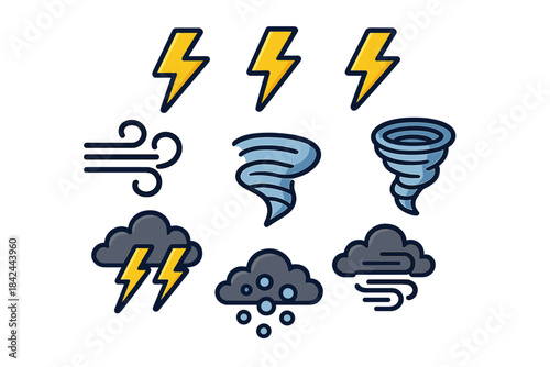 Various weather symbols illustrating storm conditions with lightning, wind, and thunder