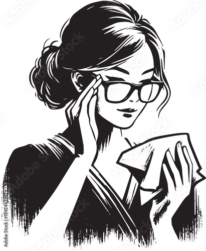 Elegant monochrome portrait of a woman cleaning glasses with sof