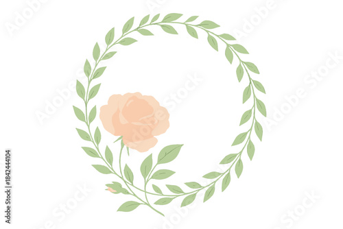 Elegant watercolor floral wreath frame with delicate peach rose and green leaves