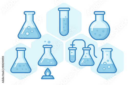 Various laboratory glassware illustrated with chemical solutions in a modern style suitable for educational materials
