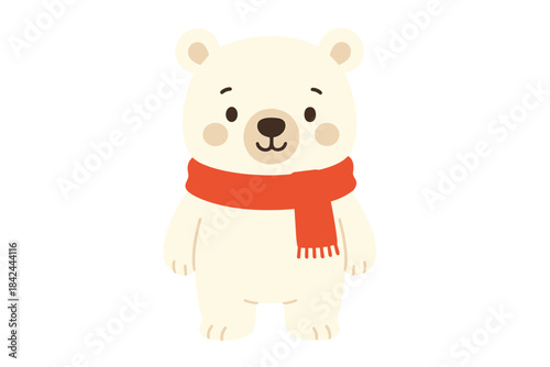 Cute cartoon polar bear wearing a red scarf standing cheerfully on a white background