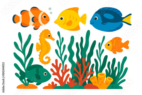 Vibrant underwater scene featuring tropical fish, seahorse, seaweed, and colorful coral