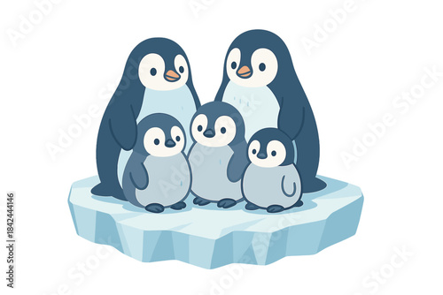 Happy penguin family portrait with two adult birds and three cute baby chicks standing on ice
