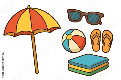 Summer beach essentials with colorful umbrella, sunglasses, beach ball, flip flops, and beach mats for fun activities