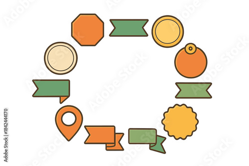 Colorful geometric shapes and banners arranged in a circular design for various creative uses