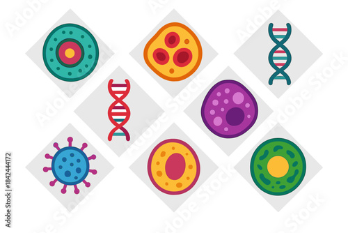 Collection of colorful flat icons representing fundamental biological structures and microscopic organisms