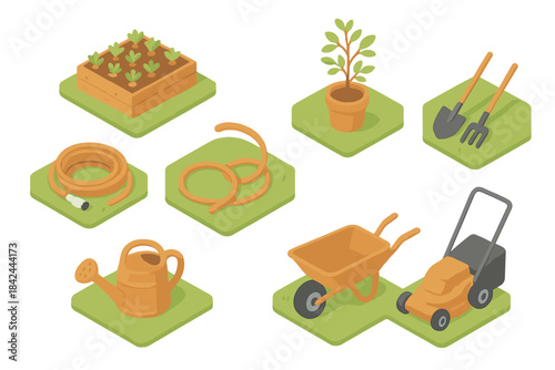 Set of isometric gardening tools including lawnmower, wheelbarrow, hose, and raised bed