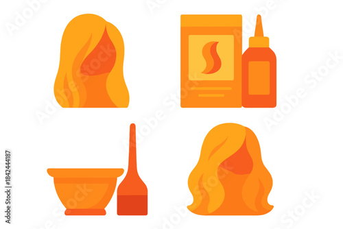 Hair coloring kit icons including dye box, developer, mixing bowl, brush, and blonde hair
