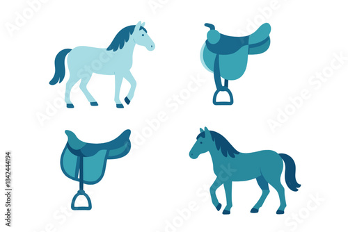 Stylized horses and equestrian saddles rendered in various shades of blue and teal