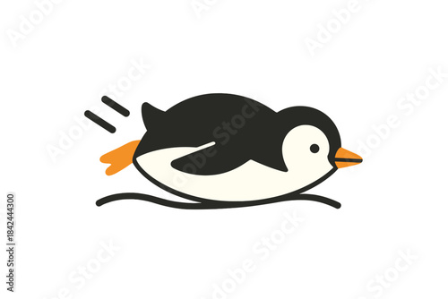 Adorable cartoon penguin character sliding quickly on its belly across a flat surface