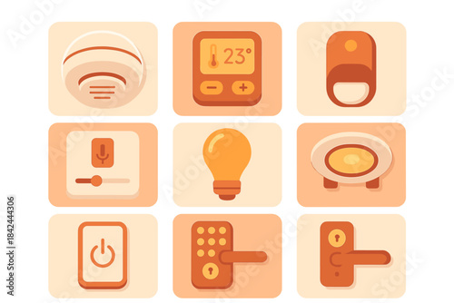 Smart home device icons showcasing security, lighting, and climate control features for modern living spaces