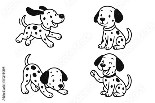 Four playful dalmatian puppies engage in different fun activities on a white background
