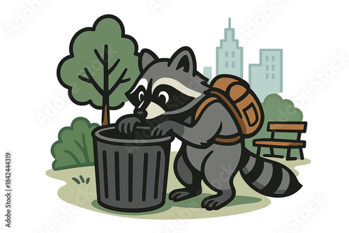 Mischievous raccoon wearing a backpack digging in a garbage bin in an urban park
