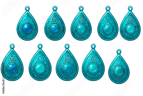 Beautiful turquoise drop pendants with intricate designs and gemstones displayed in a row