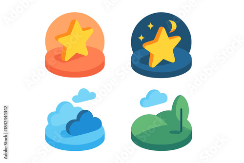 Isometric icons of stars, clouds, night sky, and outdoor landscape elements