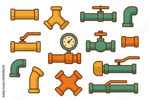 Varied plumbing pipe and valve designs in bright colors for construction and repair projects