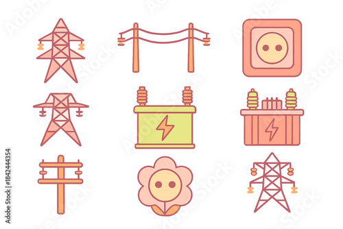 Collection of colorful icons depicting power and energy elements in a simple graphic style