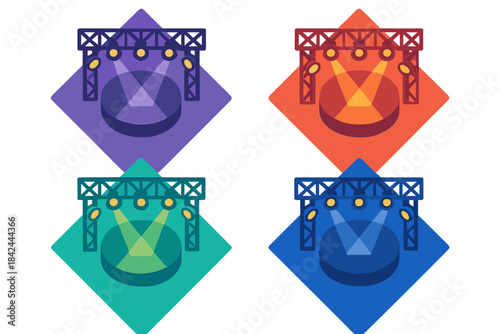 Colorful stage lighting icons featuring spotlights and truss structures for music events