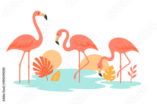 Three elegant pink flamingos wading among exotic plants and abstract shapes in a tropical setting