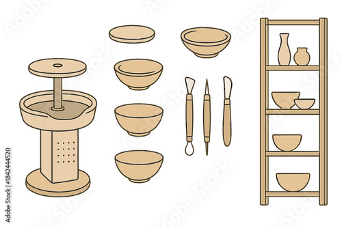 Pottery studio equipment, spinning wheel, hand tools, and finished ceramic bowls on a wooden shelf