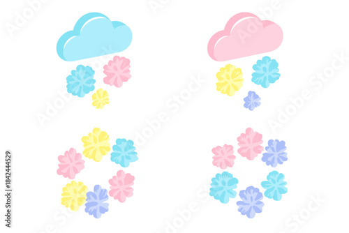 Isometric pastel clouds raining colorful decorative snowflakes and floral shapes