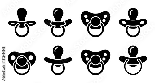 Eight black pacifier in different styles and orientations white pacifiers silhouette