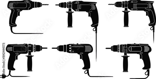 Vector illustration set of electric power drills in black silhouette style, showcasing multiple corded drill designs for construction, workshop tools, hardware equipment, and industrial use