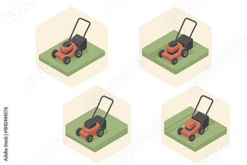 Different types of lawn mowers displayed in hexagonal shapes on green grass surfaces showcasing garden equipment