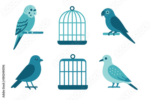 Colorful birds and empty cages create a charming scene of pet birds in a modern design style