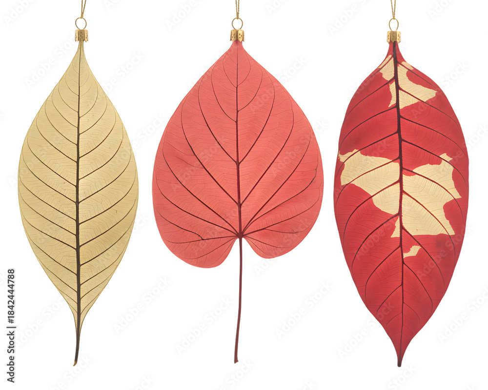 Obraz premium Three Detailed Leaf Skeleton Christmas Ornaments, isolated on white background.