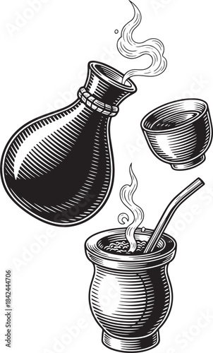 Traditional Yerba Mate Tea Preparation Engraved Illustration wit
