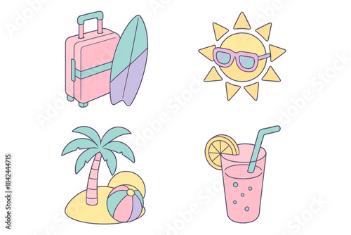Cute pastel summer vacation icons set with travel luggage surfboard and refreshing drink