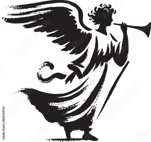 Elegant monochrome celestial herald with trumpet in stylized art