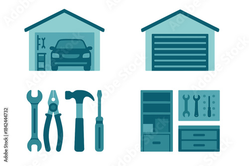 Set of home garage and workshop elements, car repair, maintenance tools, and storage