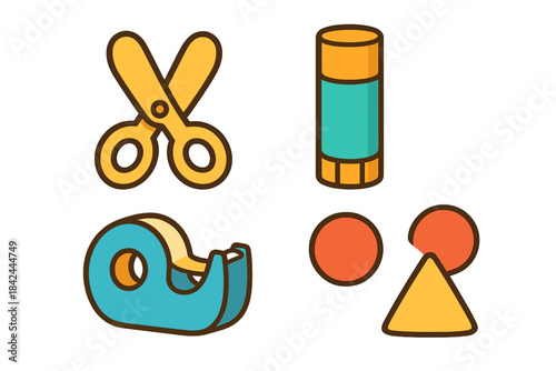 Essential craft supplies set featuring scissors, adhesive glue stick, tape dispenser, and paper shapes