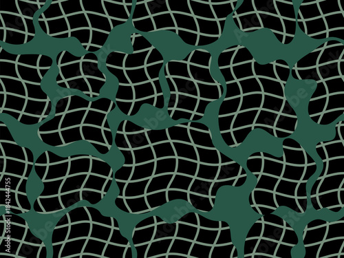 Abstract seamless pattern with wavy distorted grid and flowing shapes in dark green