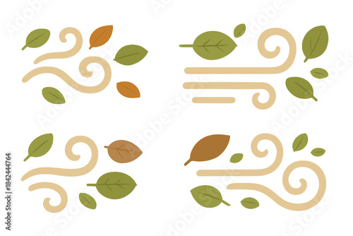 Set of four icons showing autumn wind movement with swirling lines and falling leaves