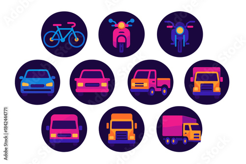 Modern gradient icons showing diverse transport modes: cars, trucks, motorcycles, and bicycles