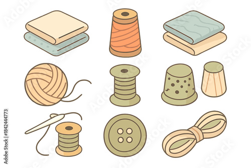 Colorful sewing supplies including fabric, thread, yarn, buttons, and more arranged in a neat layout for crafting activities