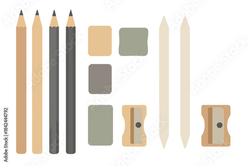Professional drawing and sketching tools set including pencils, erasers, and sharpeners