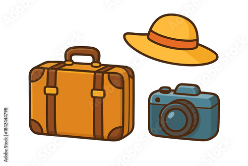Summer vacation essentials include a camera, suitcase, and sun hat for creating lasting memories at the beach