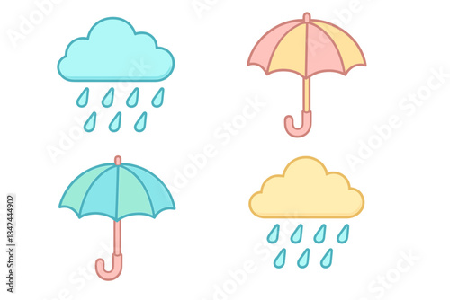 Colorful clouds and umbrellas designs representing rainy weather in a playful style