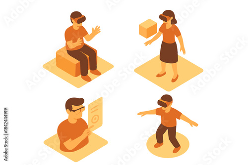 Virtual reality experiences featuring users engaging in various activities in a modern digital environment