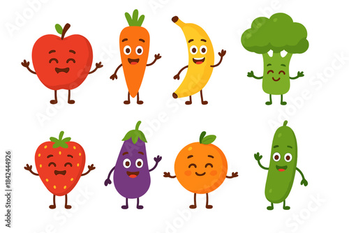 Cheerful cartoon fruits and vegetables with faces and arms gathering together for a fun celebration