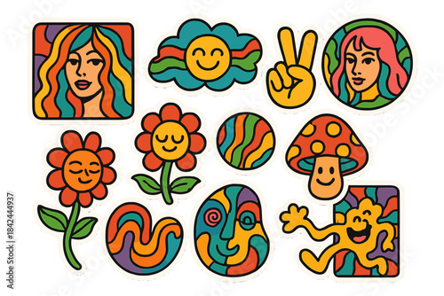 Colorful stickers featuring playful designs of faces, flowers, and symbols representing joy and peace in a vibrant artistic style