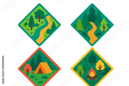 Nature patterns featuring a winding path, a camping scene with a tent, and a cozy campfire in a beautiful forest setting