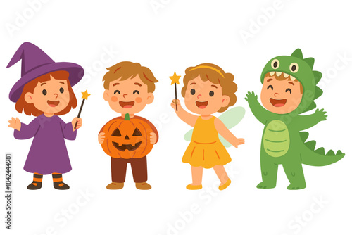 Exciting Halloween celebration with joyful children dressed in various costumes and holding festive props