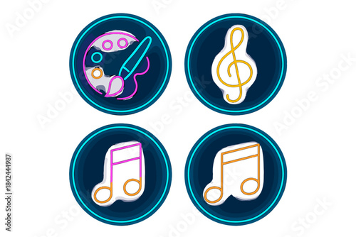 Colorful neon arts and music icons showcasing creativity and musical expression in a vibrant design