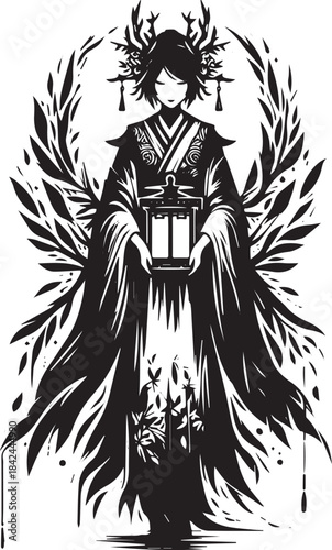 Elegant woman in ceremonial dress holding lantern in monochrome